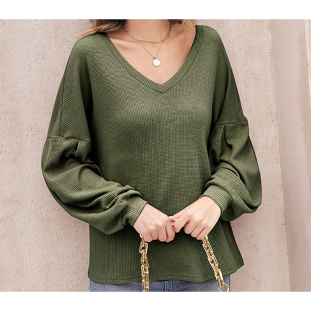 Hotouch Waffle knit Lantern Sleeve top Olive Green Size L